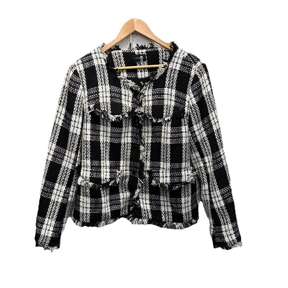 1.STATE Womens Jacket Blazer Coat SZ XXL Black White Tweed Plaid Cropped Fringe - Picture 1 of 8